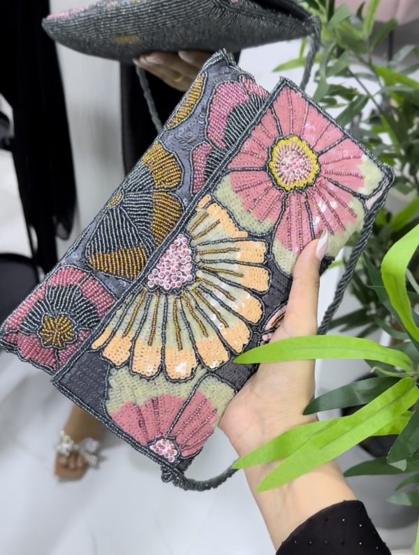 Gray floral pouch