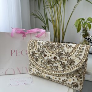 Off white velvet +gold crystals